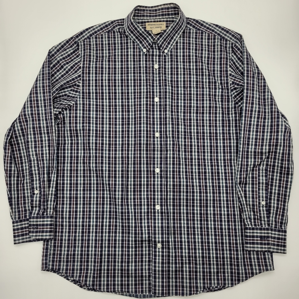 Duluth Trading Co. Shirt Wrinklefighter Navy White Green Tan Classic Size Large